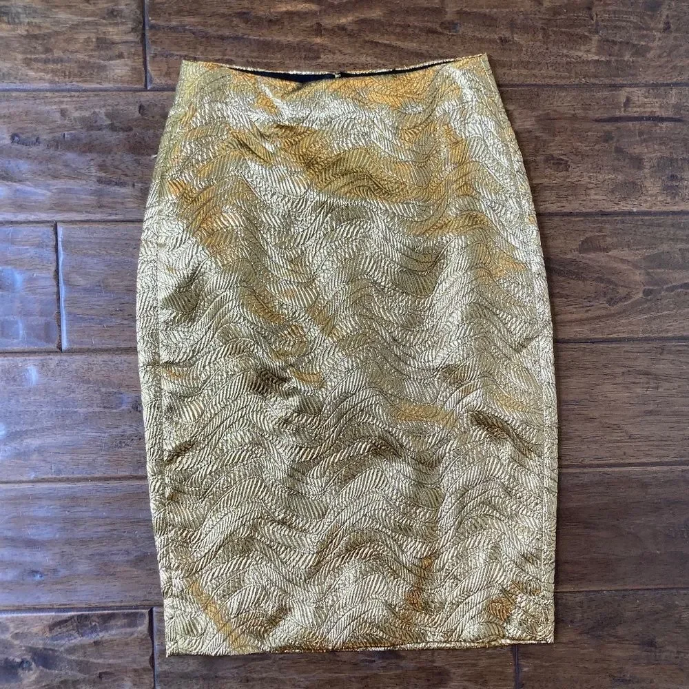 J.Crew Collection 2 Petite Raised Gold Metallic Leaf Print Jacquard Pencil Skirt